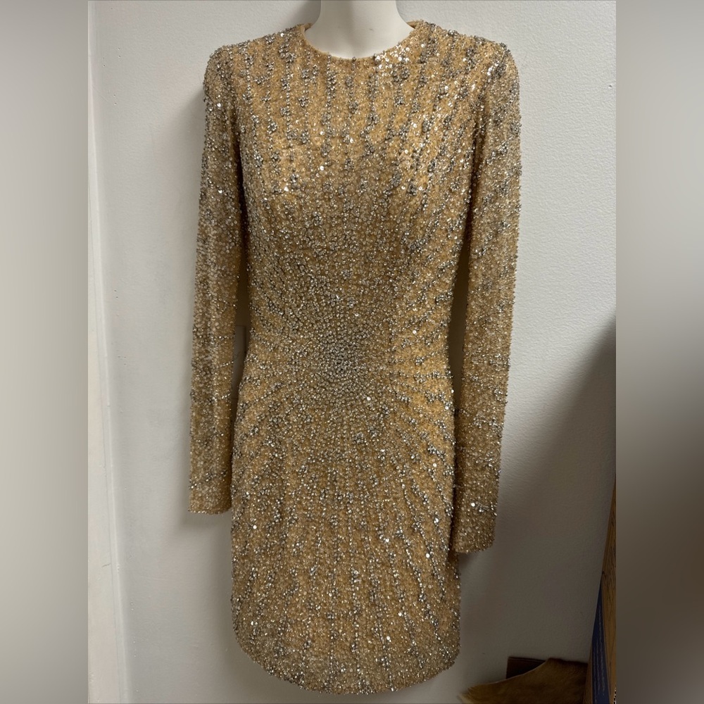 Jovani Gold & Silver Cocktail Embellished Beaded Dress Long Sleeve Authentic